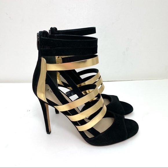 Via Spiga Suede Strap High Heel Sandal in Gold & Black - Picture 6 of 11